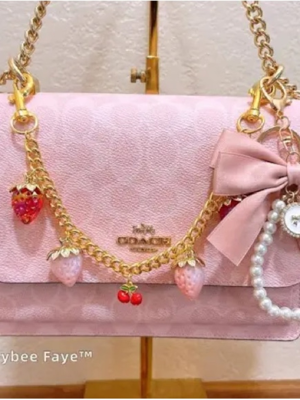 Coach Pink Leather Charm Shoulder Bag with Gold Hardware and Pearl Accent